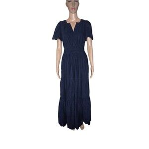 By Anthropologie The Somerset Womens Navy Blue Corduroy Tiered Maxi Dress Sz S